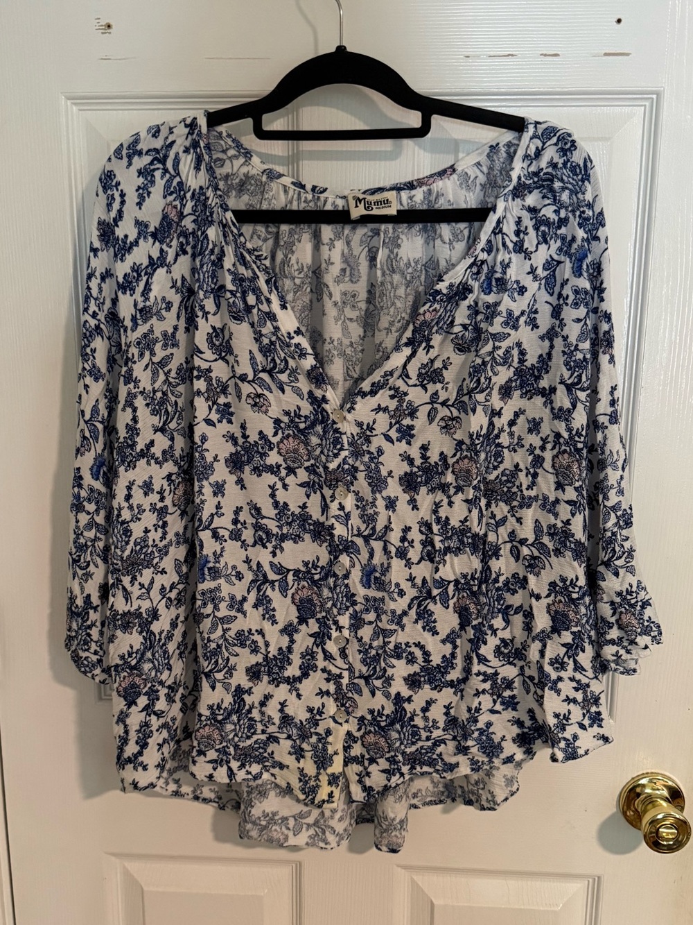 Show Me Your Mumu Blue Floral Ruffle‑Sleeve Top – Size M